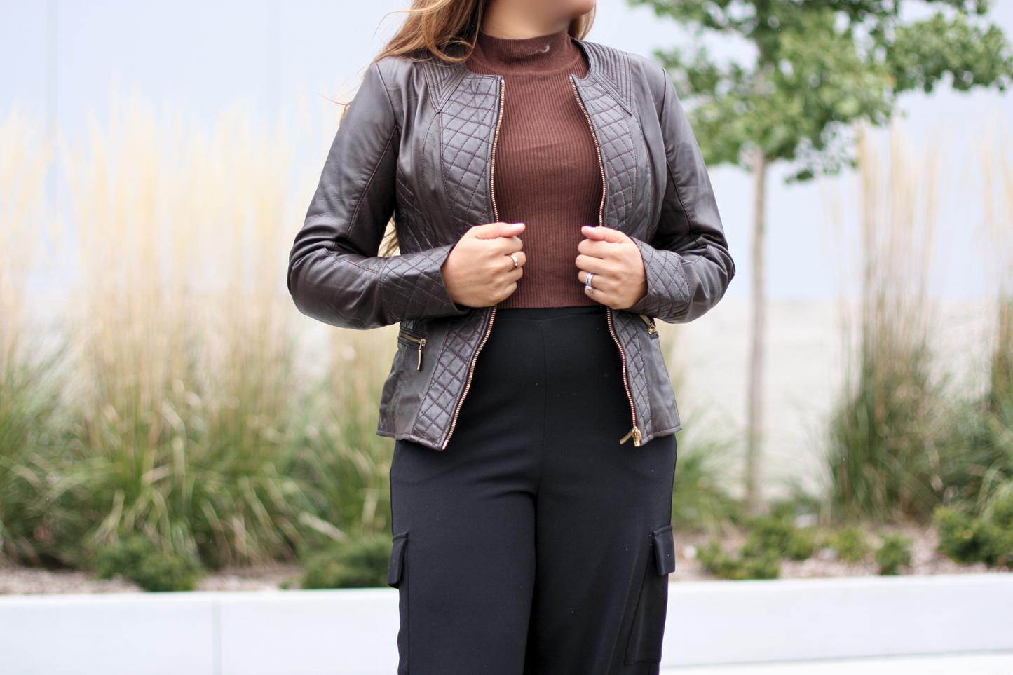 Nancy Collar - Womens Brown Diamond Stitch Leather Jacket