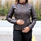 Nancy Collar - Womens Brown Diamond Stitch Leather Jacket