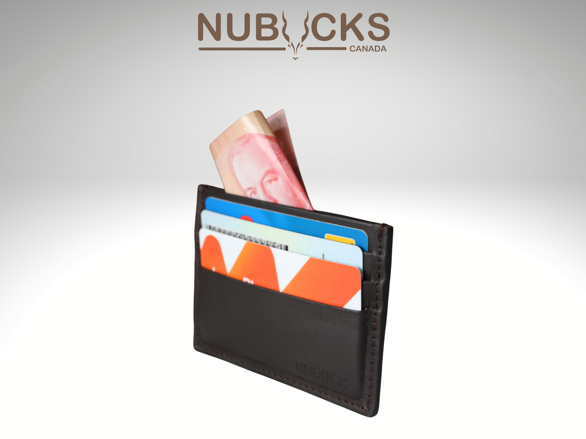 nubucks canada card keeper with 6 cards and $50 bill in cash slot