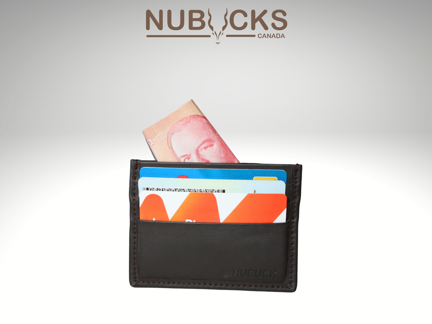 nubucks canada card keeper front view with 6 cards and $50 bill in cash slot