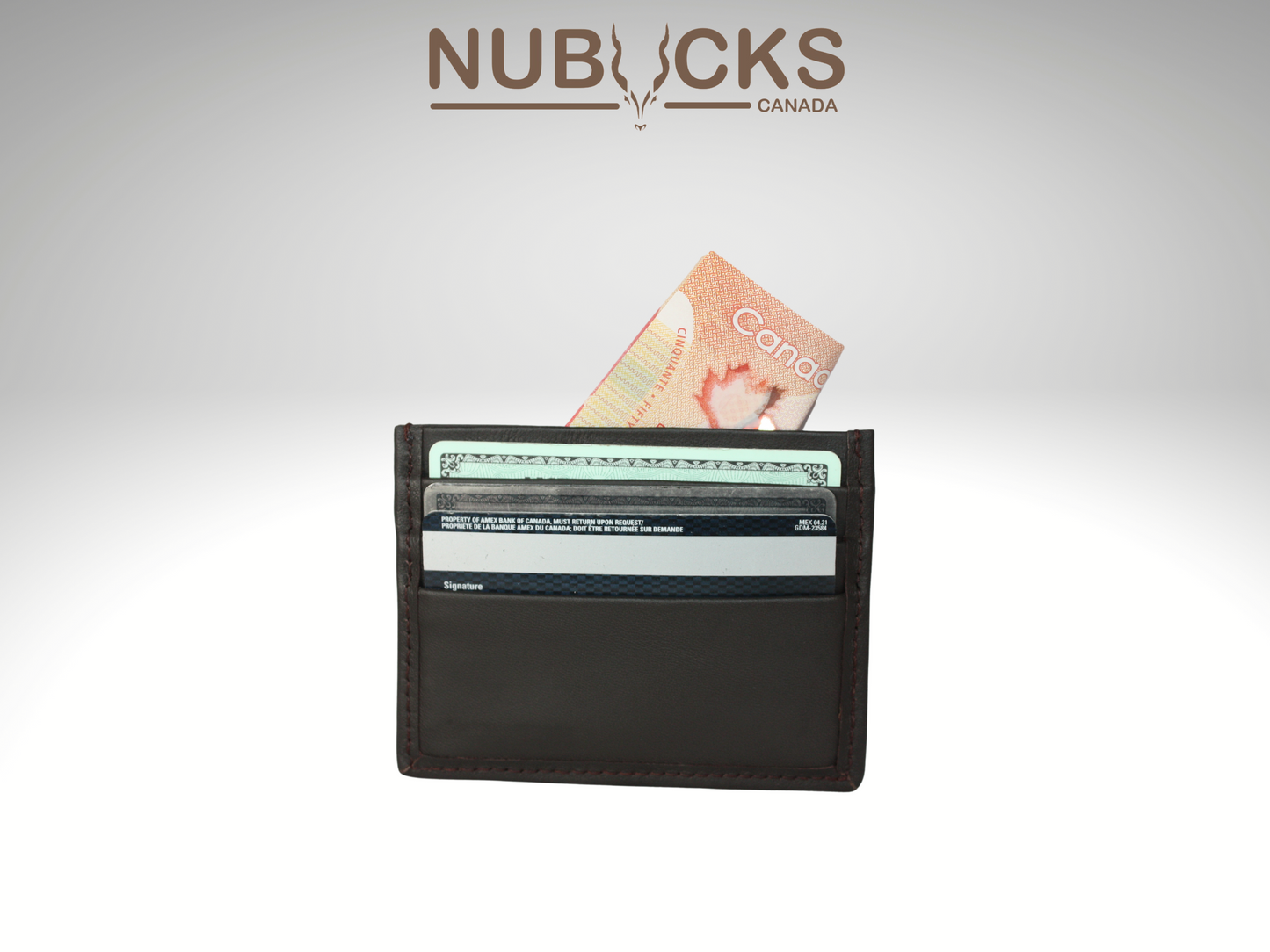 nubucks canada card keeper back view with 6 cards and $50 bill in cash slot
